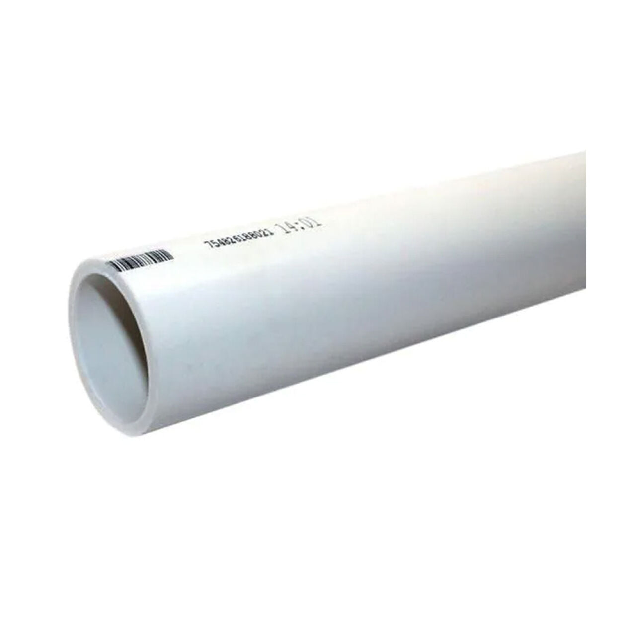 A 1-1/2 in. x 10 ft. Schedule 40 Plain End PVC Pipe by Go Build, The Fastest Way To Build, featuring a smooth surface and visible barcode near the open end, is shown on a plain white background, ideal for DWV applications.